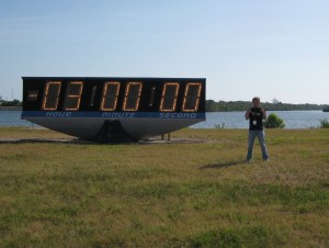 Posing in front of the Nasa countdown clock, just a few hours before Atlantis (STS-132) took off for its final mission.